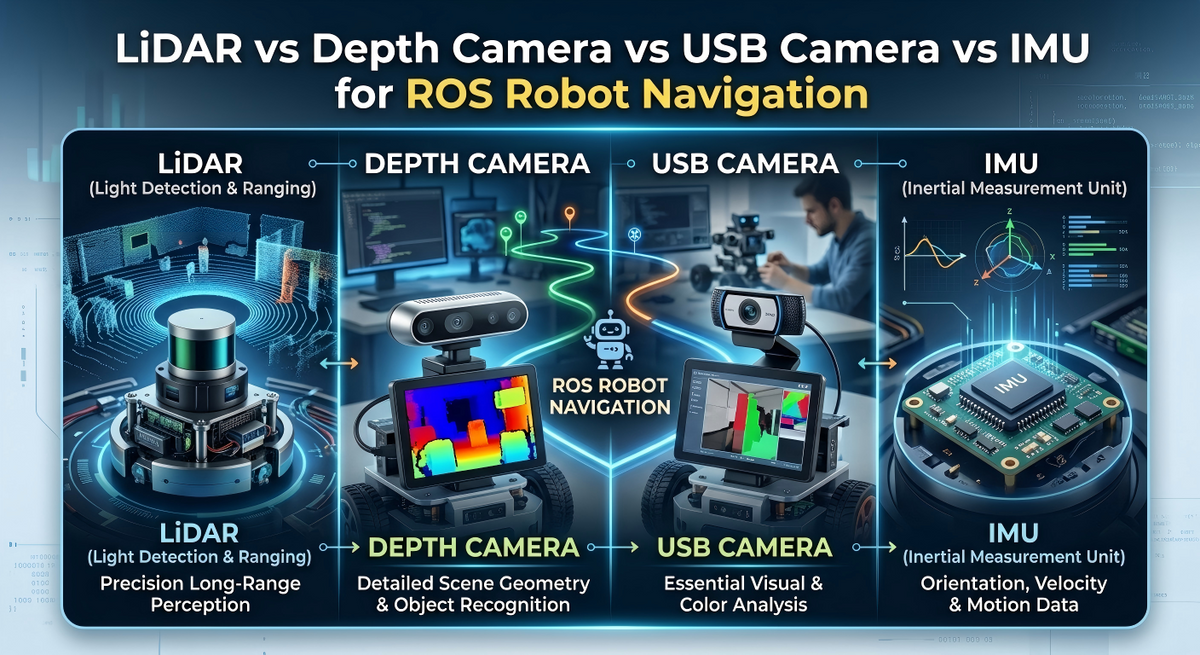 An infographic compares LiDAR, Depth Camera, USB Camera, and IMU sensors for ROS robot navigation, illustrating their respective functions and data types in a laboratory setting.