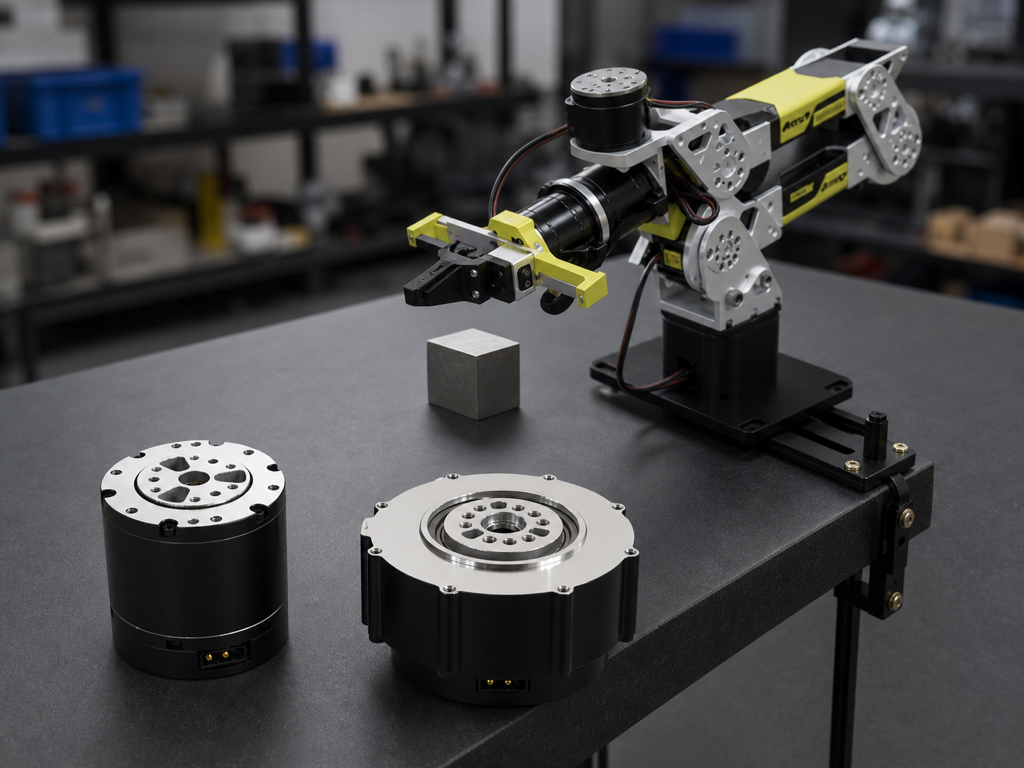 Seeed Studio reBot Arm B601-RS on a robotics workbench with RobStride RS00 and RS06 QDD actuators