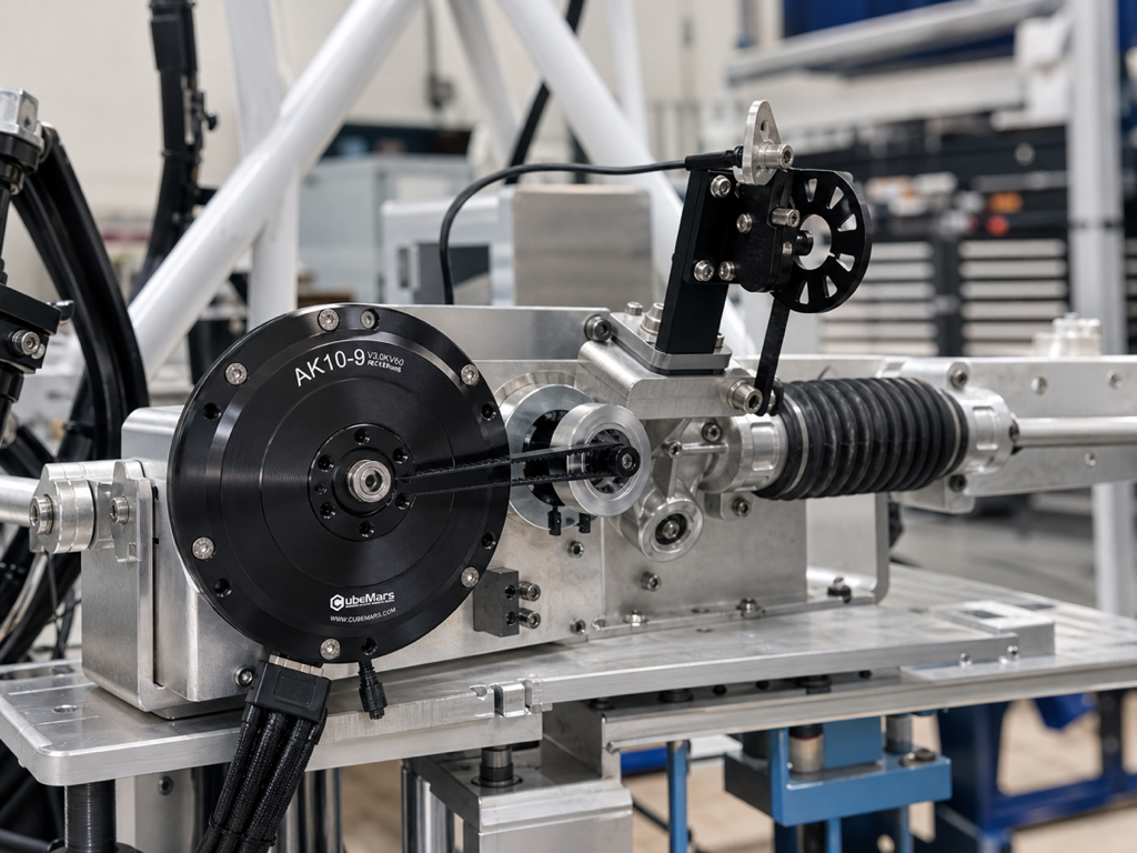CubeMars AK10-9 actuator integrated into a Formula Student Driverless steering rack test fixture
