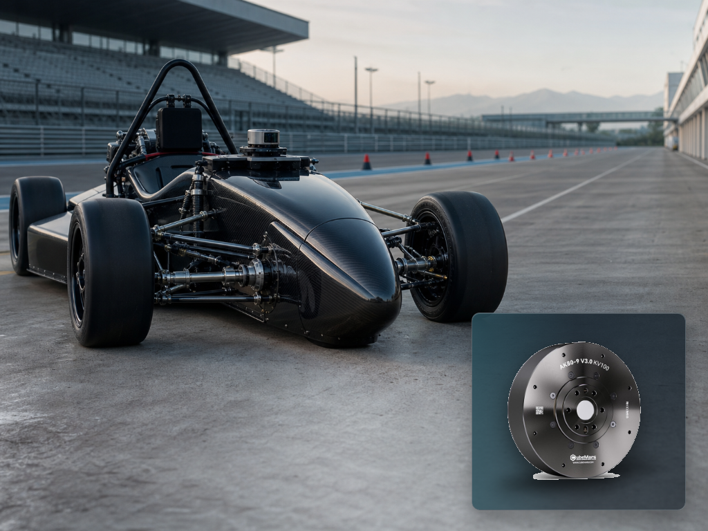 CubeMars AK80-9 V3.0 actuator shown with a Formula Student Driverless steering validation scene