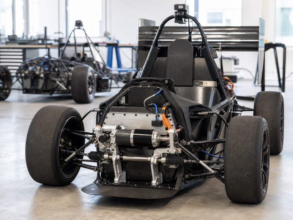 Formula Student Driverless race car with compact steering actuator integration in a workshop