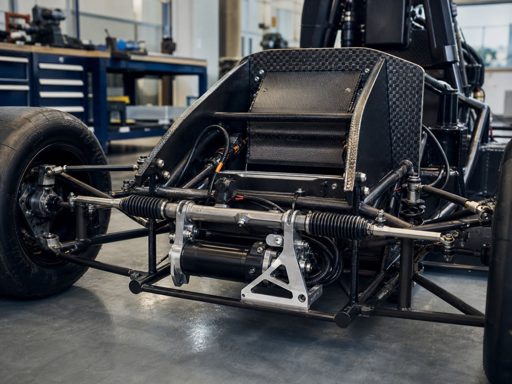 Formula Student front bulkhead with a compact steering actuator integrated alongside the steering rack