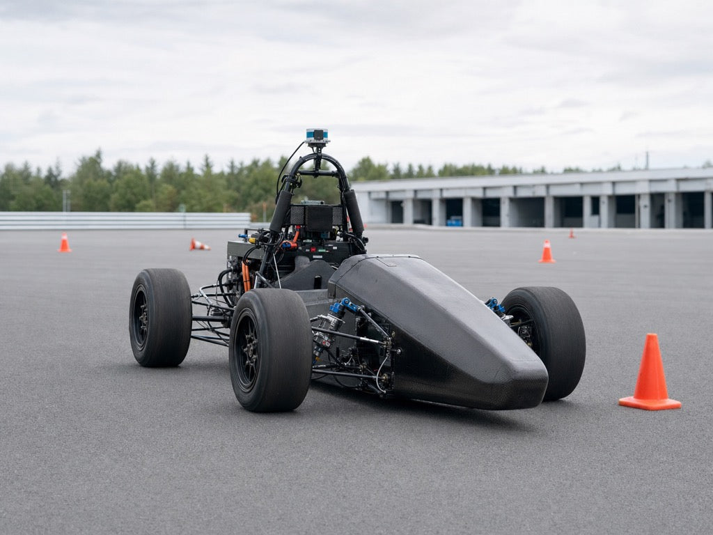Autonomous Formula Student race car during a controlled braking test on a cone course
