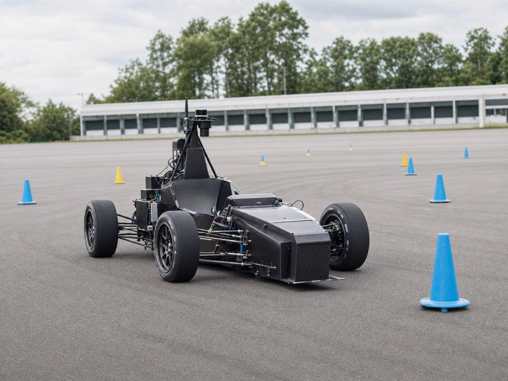 Autonomous Formula Student race car steering through a controlled blue and yellow cone course