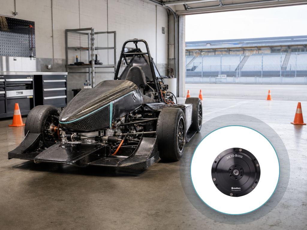 CubeMars AK10-9 V3.0 actuator product image combined with a Formula Student Driverless steering and paddock scene