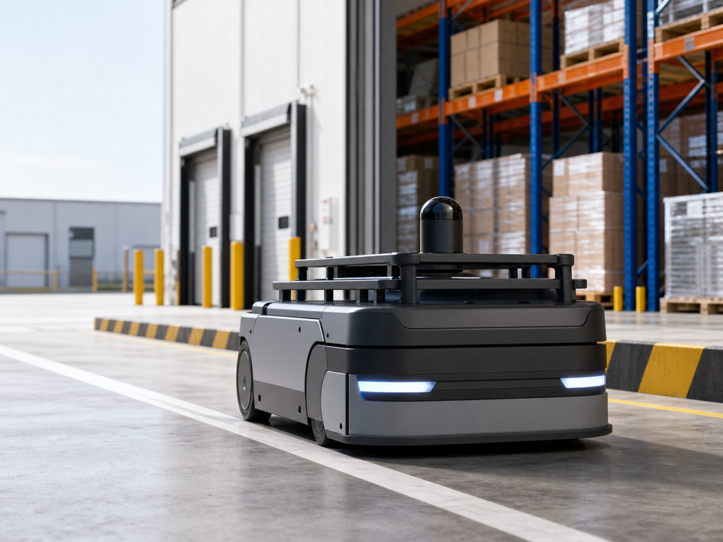 Compact 3D LiDAR mounted on an autonomous warehouse mobile robot at a logistics dock
