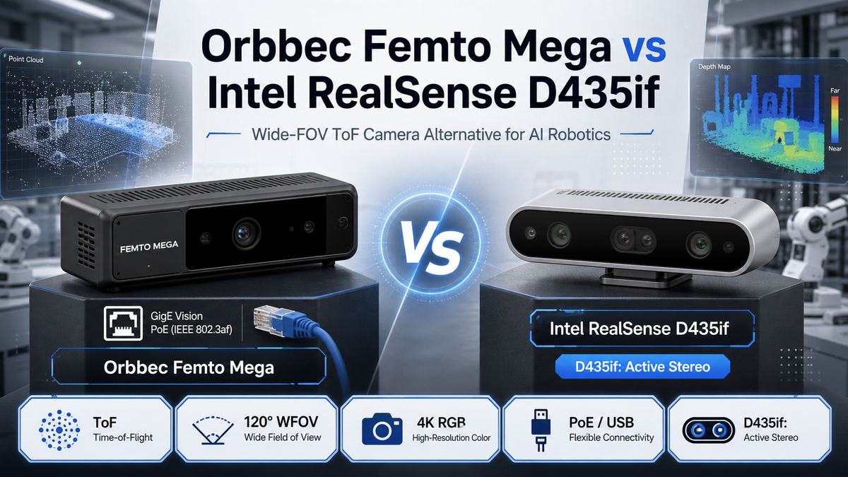 OpenELAB technical cover comparing Orbbec Femto Mega and Intel RealSense D435if