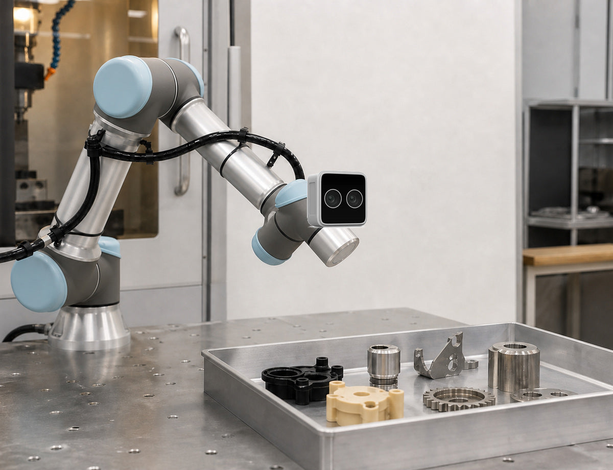 ORBBEC Gemini 305 compact stereo camera mounted near a robot wrist above a parts tray