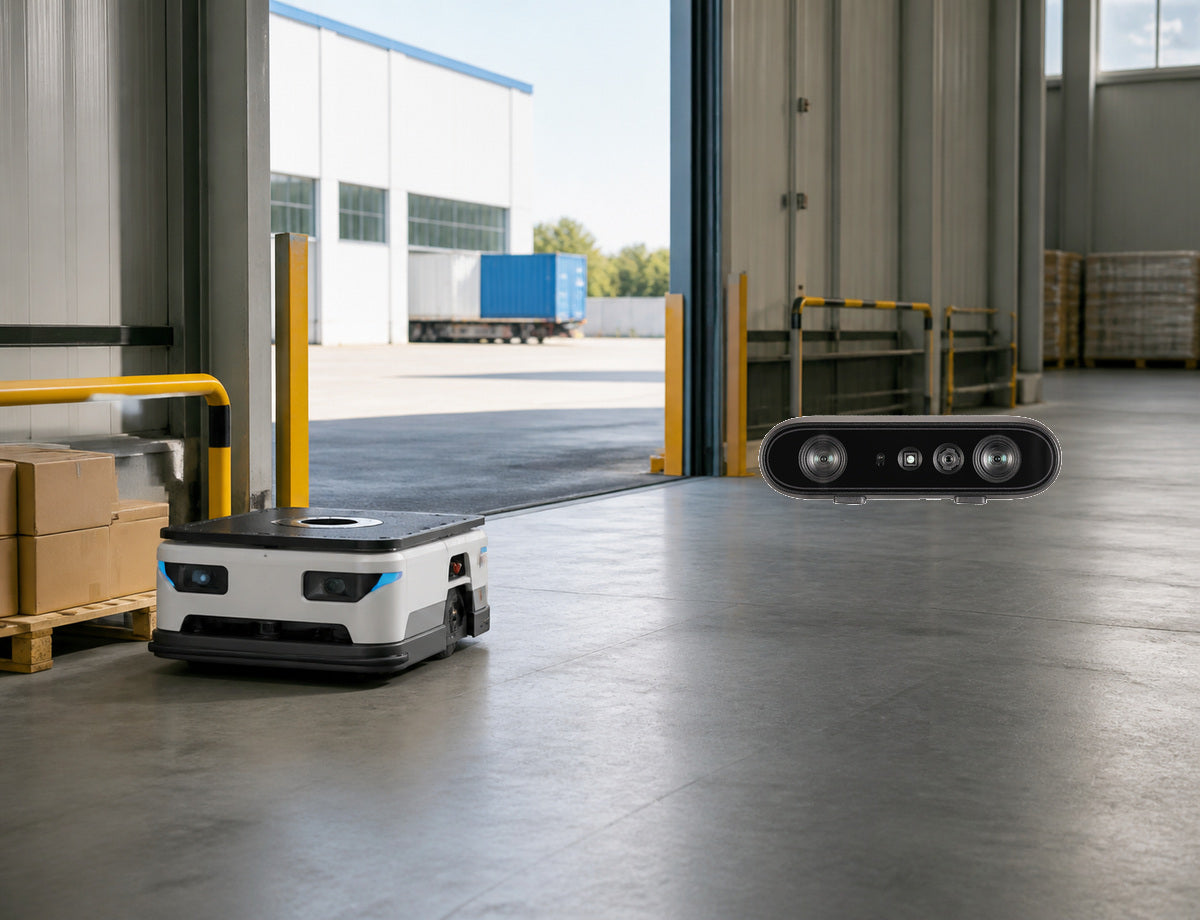 ORBBEC Gemini 335 stereo depth camera in a logistics robot setting from warehouse interior to outdoor loading area