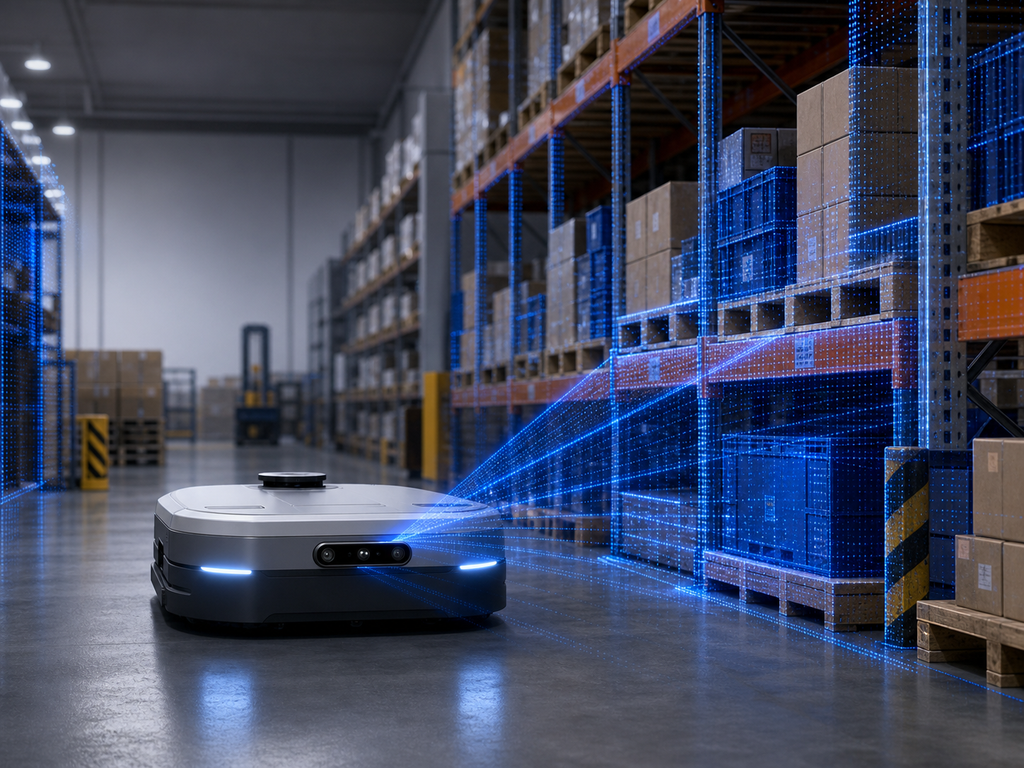 ORBBEC Gemini 335 series depth camera on an AMR scanning warehouse shelves