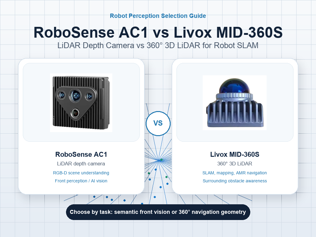 RoboSense AC1 vs Livox MID-360S LiDAR depth camera and 360 degree 3D LiDAR robot SLAM comparison