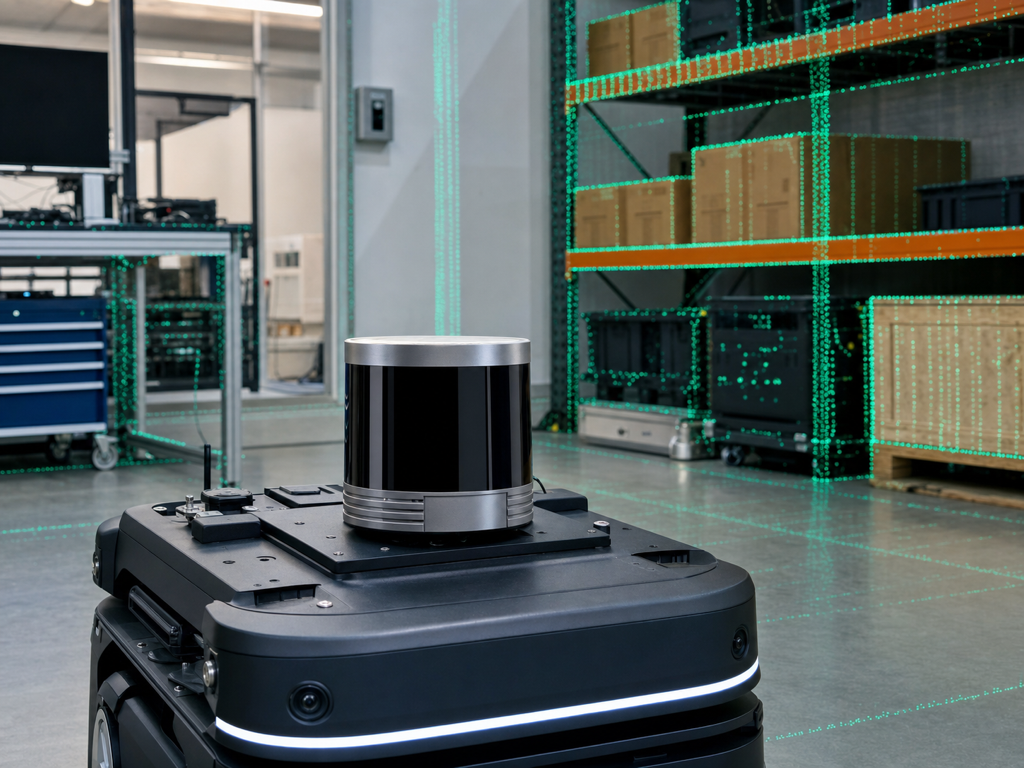 RoboSense cylindrical LiDAR mounted on a mobile robot in a warehouse test environment