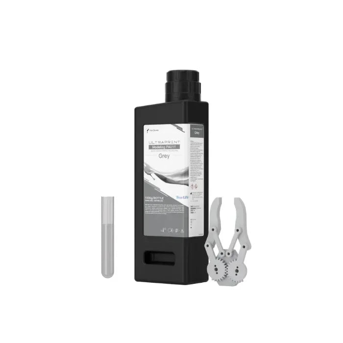 HeyGears PAU11 Grey ABS-like resin 1000 g bottle with functional printed sample