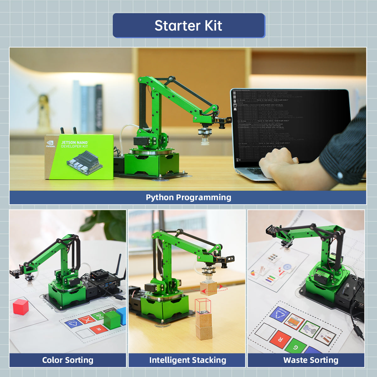 JetMax Starter Kit Python programming, color sorting, stacking and waste-sorting examples