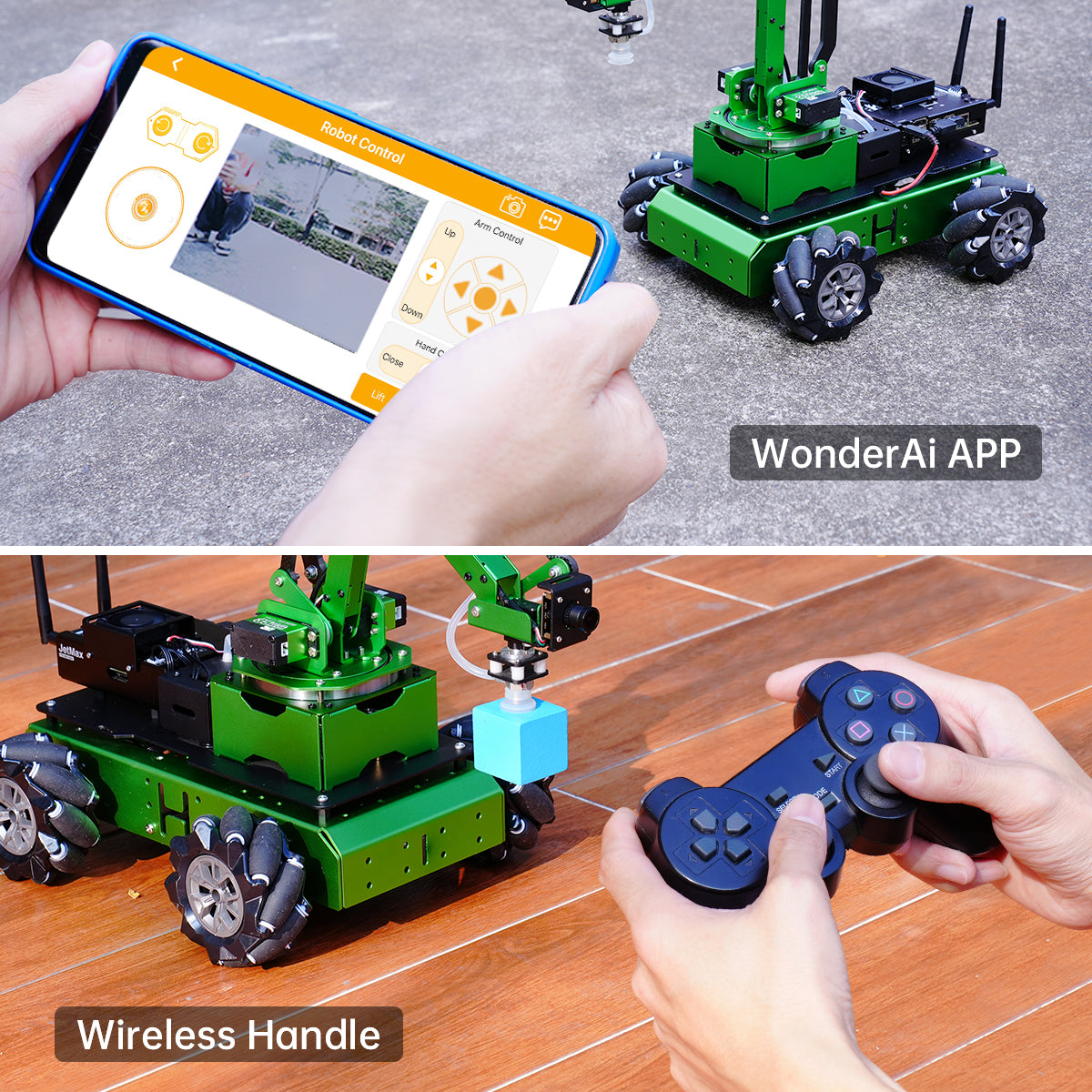 JetMax Pro Mecanum configuration controlled through WonderAI app and wireless controller