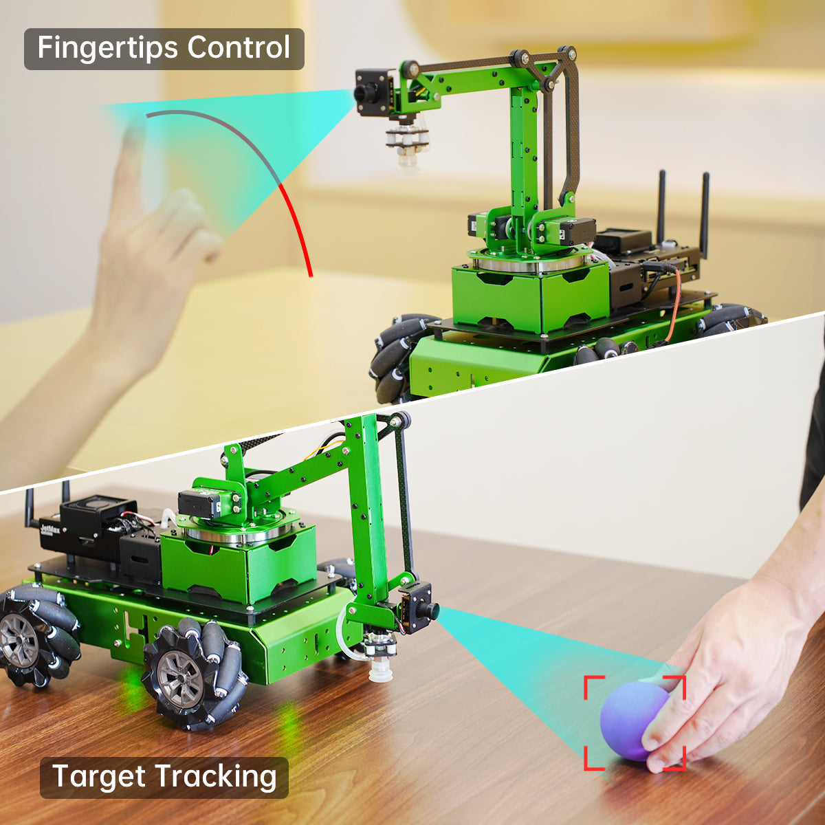 JetMax Pro Mecanum configuration using camera vision for hand tracking and target tracking